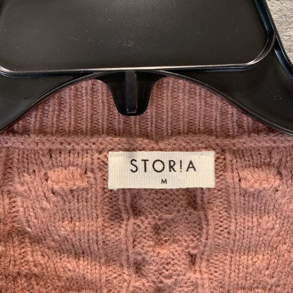 Storia‎ Women's Cardigan Sweater M Cable Knit Bow Tie Front Cropped Pink Puff - Picture 3 of 7